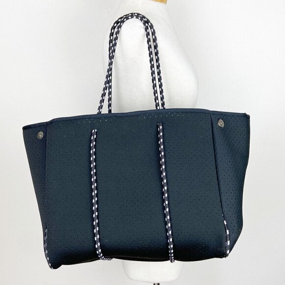 Black Perforated Neoprene Large Tote Bag Black White Rope Strap - Picture 1 of 6
